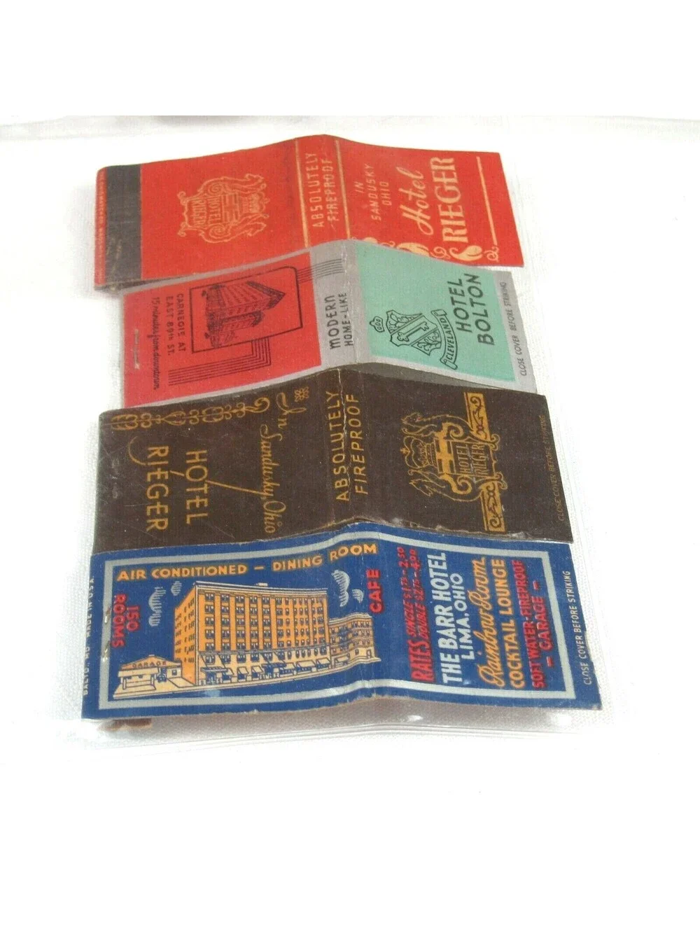 4 Vintage Matchbook Covers Hotel Rieger, Hotel Bolton, & The Barr Hotel in Ohio